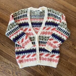 VTG 80s Knit Knit Mohair Sweater Cardigan Womens M Chunky Colorful Geometric